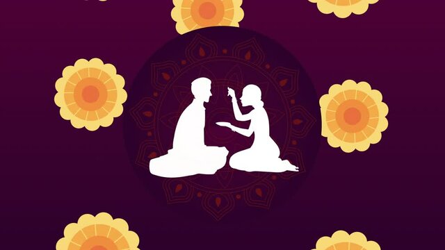happy bhai dooj celebration animation with siblings silhouette and flowers