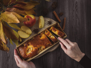 
hand cuts cupcake.
A female hand cuts an apple muffin in a craft form on a black wooden table, close-up top view.