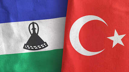 Turkey and Lesotho two flags textile cloth 3D rendering