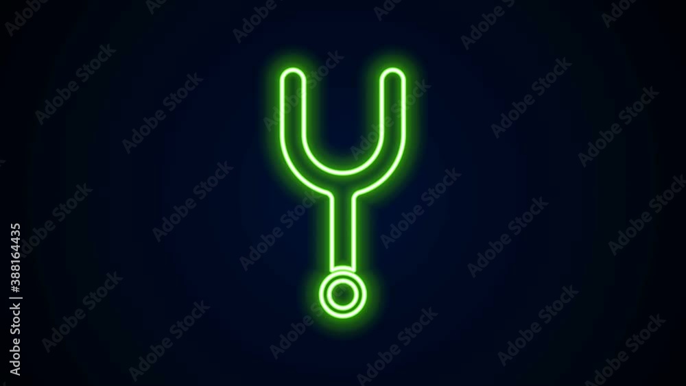 Poster glowing neon line musical tuning fork for tuning musical instruments icon isolated on black backgrou
