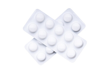 full pill or tablet blister isolated on a white background. above view. two packs stack