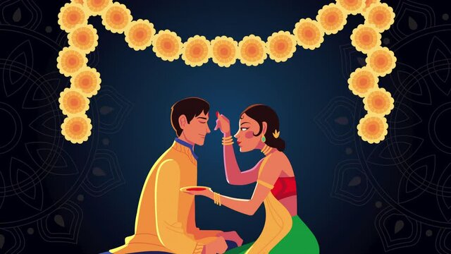 happy bhai dooj celebration animation with siblings painting and floral decoration