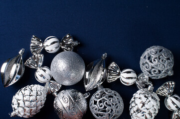 Christmas composition with silvery balls.  Copy space