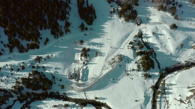 Pas De La Casa Ski Resort in Pyrenees Mountains, winter aerial view