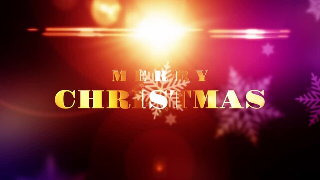 Merry Christmas greeting video card. Animation of winter holidays Merry Christmas shining golden text with moving optical flare light, falling gold snowflakes and shiny bokeh multicolored light leaks.