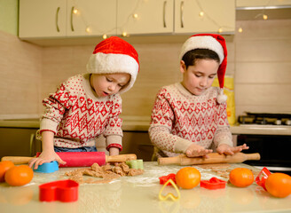 Cute little boys bake homemade festive gingerbreads. Homemade baking