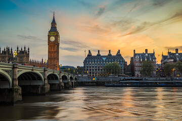 London, UK - A shot of major London city landmarks at Sunset including the big ben