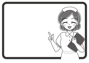 ベクター・笑顔の看護師さんのイラスト（モノクロ）