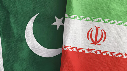 Iran and Pakistan two flags textile cloth 3D rendering