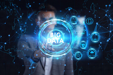 Business, technology, internet and network concept. Young businessman thinks over the steps for successful growth: Big data