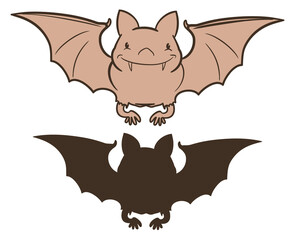 Retro Cute Bat in Outlines and Silhouette, Vector Illustration