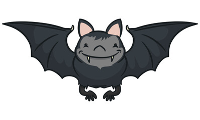 Dark, Flying and Cute Bat in Cartoon Style, Vector Illustration