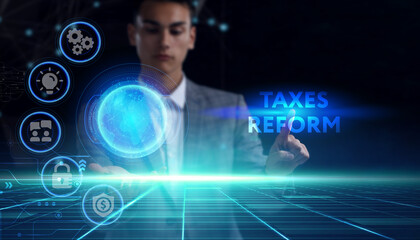Business, technology, internet and network concept. Young businessman thinks over the steps for...