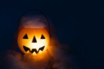 horror spooky funny ghost in halloween on holiday season greeting night celebration party with toy prop decoration and trick or treat autumn october festival and jack-o-lantern concept