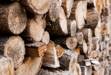 A wall made of stacks of wood that are used as firewood