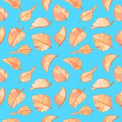 Seamless pattern with autumn leaves falling in blue sky. Hand drawn floral background. Seasonal design
