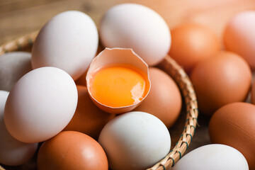 Chicken eggs and duck eggs collect from farm products natural in a basket healthy eating concept - Fresh broken egg yolk