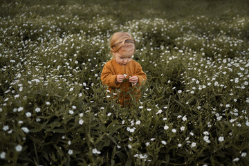 child playing in the flowers