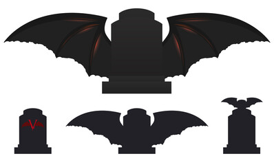 Tombstones Silhouettes Decorated with Vampire Bat Wings, Vector Illustration
