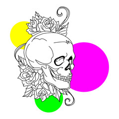 Hand drawn happy human skull with red rose