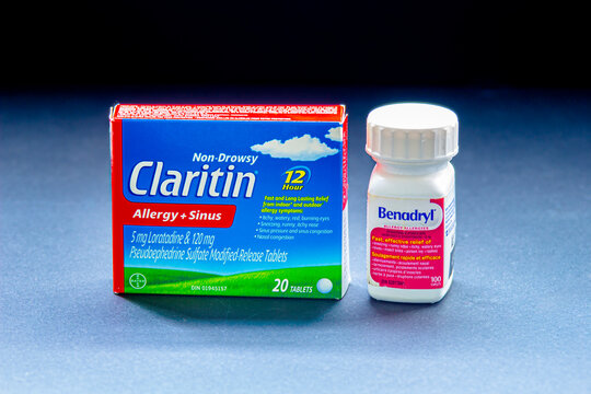 Calgary, Alberta, Canada. Oct, 6, 2020. Loratadine, sold under the brand name Claritin a medication used to treat allergies as well like Benadryl an antihistamine used to treat allergies.