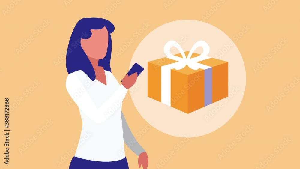 Poster mobile shopping technology animation with woman using smartphone and gift