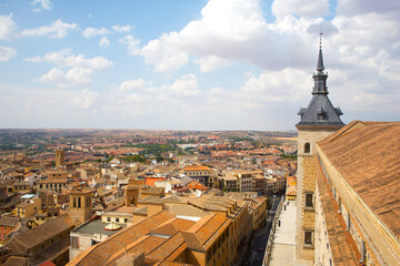Panorama of Toledo, Spain. The old historical city of Toledo under blue sky with cumulus cloud.
