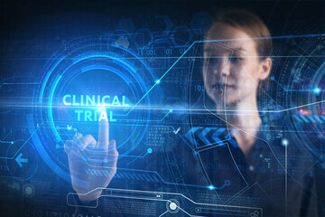 Business, technology, internet and network concept. Young businessman thinks over the steps for successful growth: Clinical trial