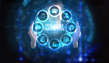 Business, technology, internet and network concept. Young businessman thinks over the steps for successful growth: Influence marketing