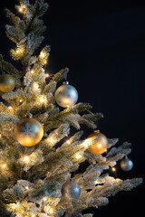 Christmas ball hanging on frosty fir tree