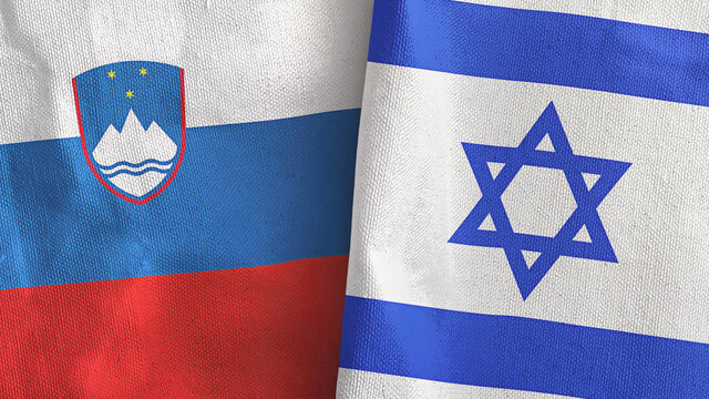 Israel and Slovenia two flags textile cloth 3D rendering