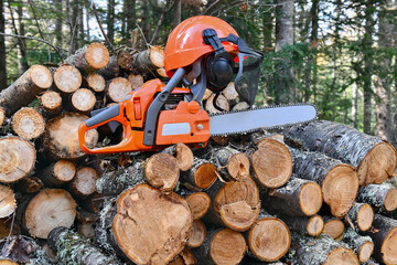 Chainsaw with woodpile of cut logs in background in forest