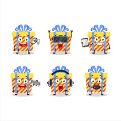Yellow stripes gift cartoon character are playing games with various cute emoticons
