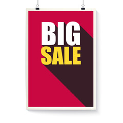 Big sale. Poster design of text hanging on wall. Vector 3d illustration.