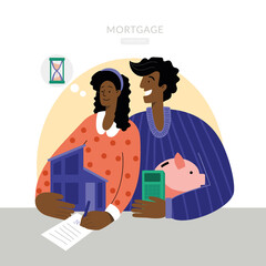 Black woman and man buying a house with a mortgage. The family buys a house with a mortgage. A young couple chooses a home. House Loan, Rent and Mortgage Concept.