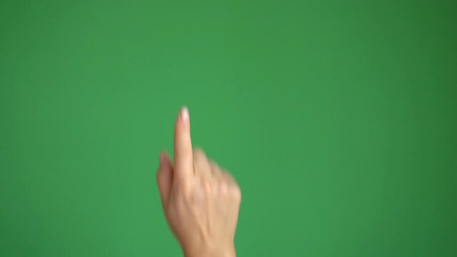 Gestures pack. Female hand touching, clicking, tapping, sliding, dragging and swiping on chroma key green screen background. Alpha Channel. Using a smartphone, tablet pc or a touchscreen.
