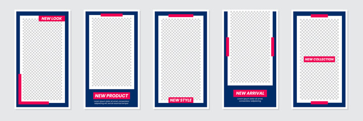 Set of rectangle editable minimal layout social media stories template navy color for personal or business. Use this layout for web, banner, poster, shop, discount, sale, promotional product.