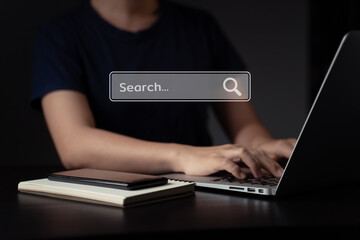 Woman using laptop for searching with browser hologram effect.