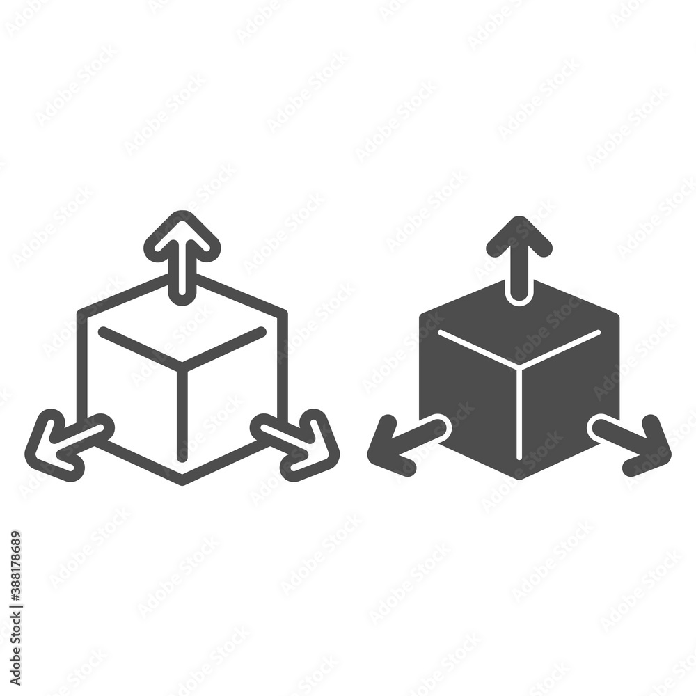 Poster cube with arrows line and solid icon, choice of directions or mathematical concept, three faces of c