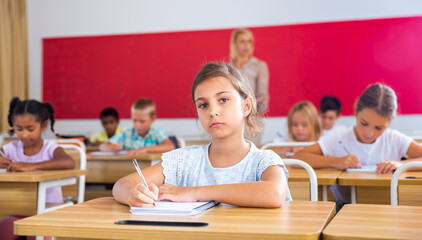 Fototapeta na wymiar Portrait of positive small female pupil sitting at desk studying in classroom