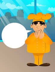 Fat male cartoon chef in uniform with hands over mouth. Vector illustration.
