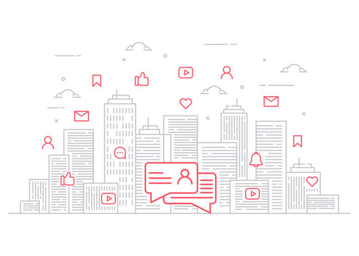 Illustration social media with city in line style