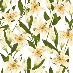 Vintage flowers and leaves. A bouquet of lilies. Seamless patterns. Pastel colors. Isolated vector illustrations.