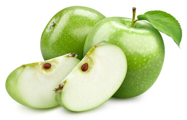 Two whole ripe green apples with slice