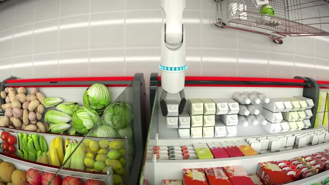 Robot hand makes purchases in a grocery store. First person movement.