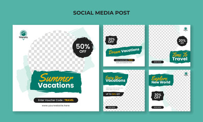 Summer vacation square banner for social media post template. Travel and tourism banner collection