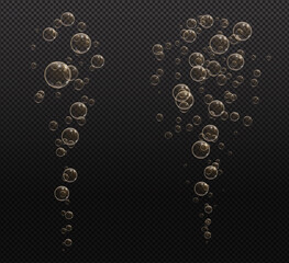 Gold fizzy bubbles. Sparkles champagne. Fizzy pop and effervescent drink. Abstract fresh soda and air bubbles, oxygen, champagne crystal. Vector illustration on black transparent background.