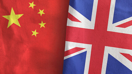 United Kingdom and China two flags textile cloth 3D rendering