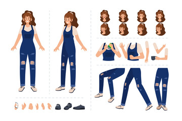 Fototapeta premium Girl cartoon character with various facial expressions, hand gestures, body and leg movement illustration. Character for motion design animation