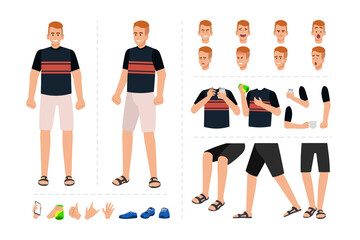 Young man in casual clothes with various facial expressions, hand gestures, body and leg movement illustration. Cartoon character for motion design animation